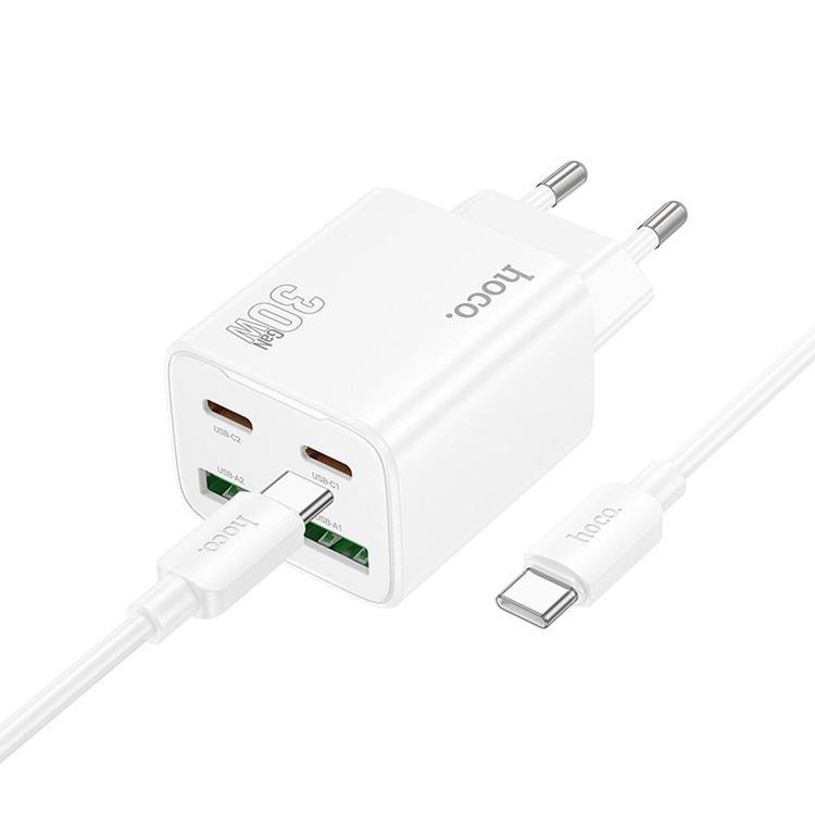 Hoco Snabbladdare PD 30W 2xUSB-A 2xUSB-C QC3.0 3A med USB-C Kabel N56 - Vit | 505295 | AlltMobil