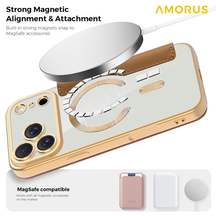 Amorus - AMORUS iPhone 17 Pro Max Plånboksfodral MagSafe RFID - Brun
