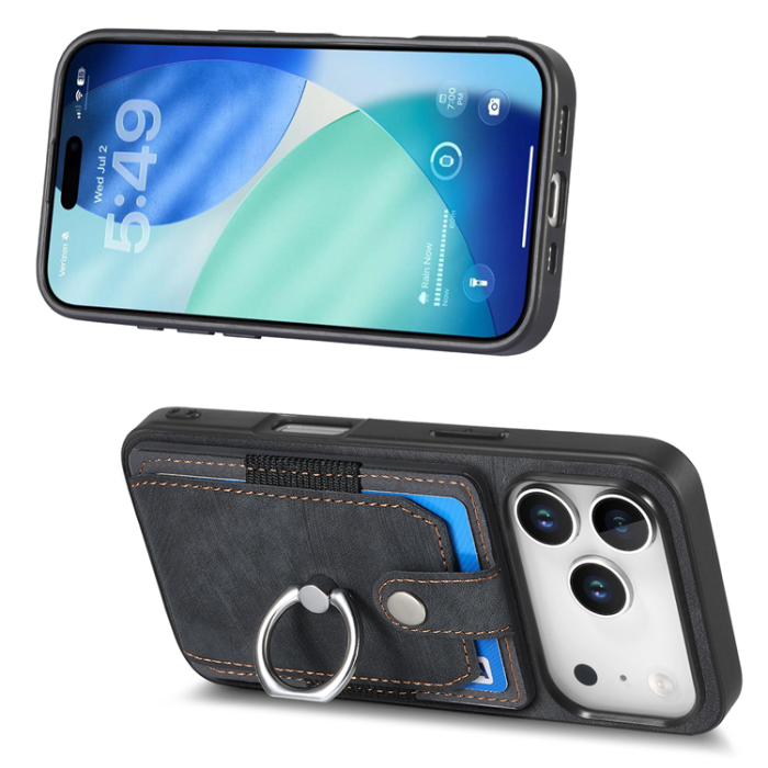 A-One Brand - iPhone 17 Pro Mobilskal med Korthållare Läder Kickstand - Svart