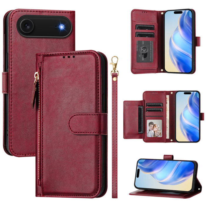 A-One Brand - iPhone 17 Air Plånboksfodral Zipper Pocket Läder - Röd