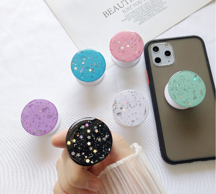 OEM - Round Glitter Mobilhållare / Mobilgrepp - Vit