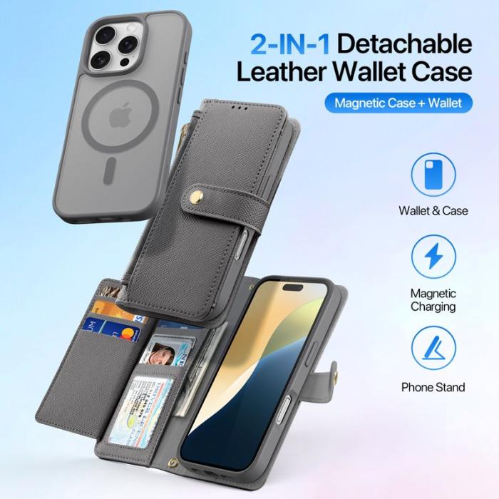 Dux Ducis - DUX DUCIS Lawa Series iPhone 16 Pro Plånboksfodral - Äkta läder - Grå