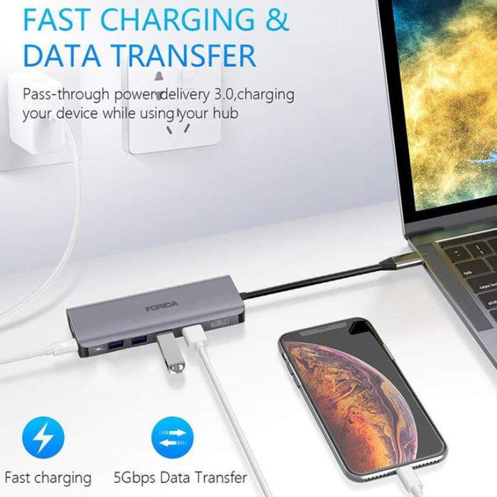 SiGN - SiGN 7-i-1 USB-C-hub HDMI RJ45 USB-C, max 100W - Grå