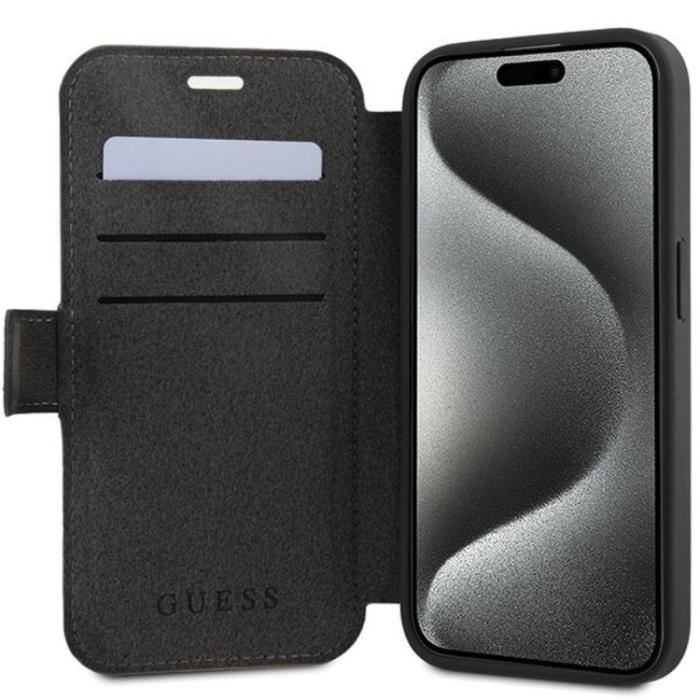 Guess - Guess iPhone 15 Pro Plånboksfodral Metall Logo - Grå