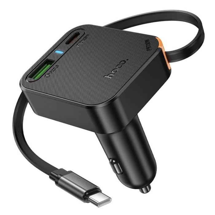 Hoco - Hoco Billaddare 65W USB-A USB-C med Utdragbar Kabel NZ18 - Svart