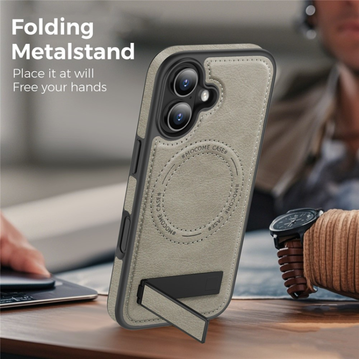 A-One Brand - iPhone 17 Mobilskal MagSafe Kickstand Läder - Titanium Grå