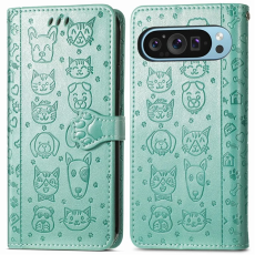 A-One Brand - Google Pixel 10/10 Pro Plånboksfodral Cat Dog Pattern - Grön