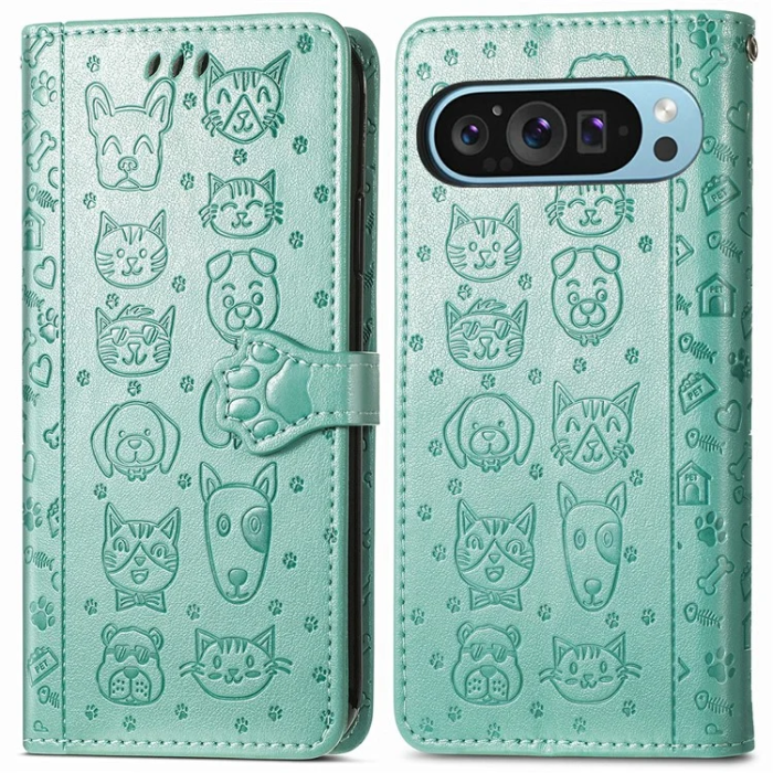 A-One Brand - Google Pixel 10/10 Pro Plånboksfodral Cat Dog Pattern - Grön