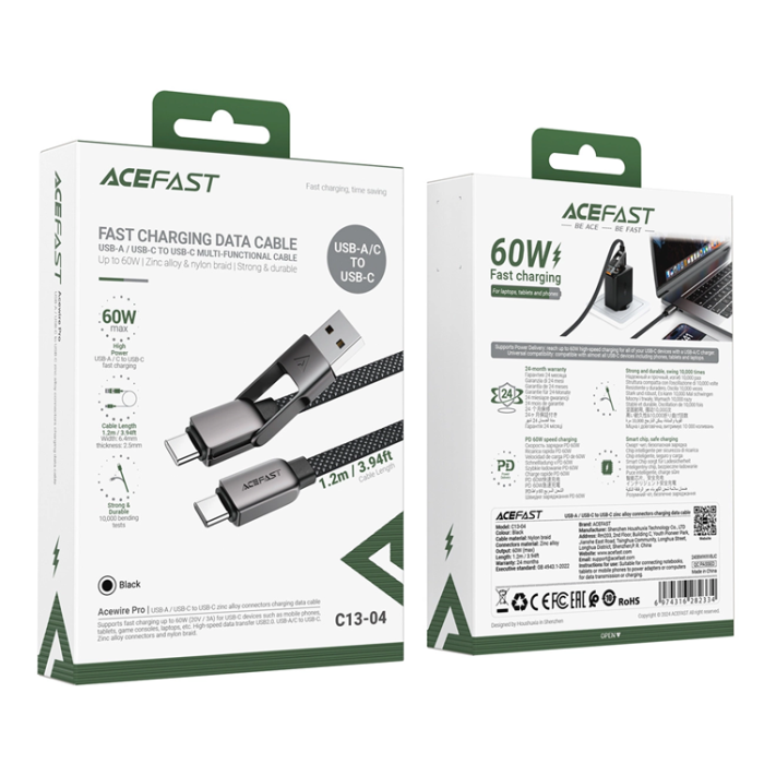 Acefast - Acefast USB-C - USB-A - USB-C 3A Kabel 1.2m 480Mb/s - Svart