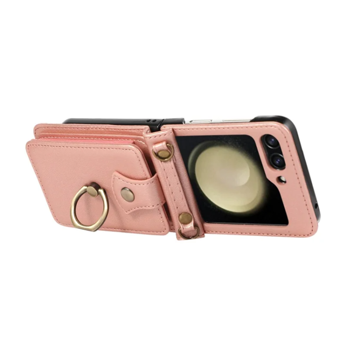 A-One Brand - Galaxy Z Flip7 Plånboksfodral Ring Kickstand med Lång rem - Rosa Guld