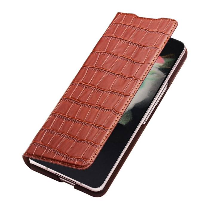 QIALINO - QIALINO Galaxy Z Fold 3 Fodral Äkta Läder Cowhide Crocodile - Brun