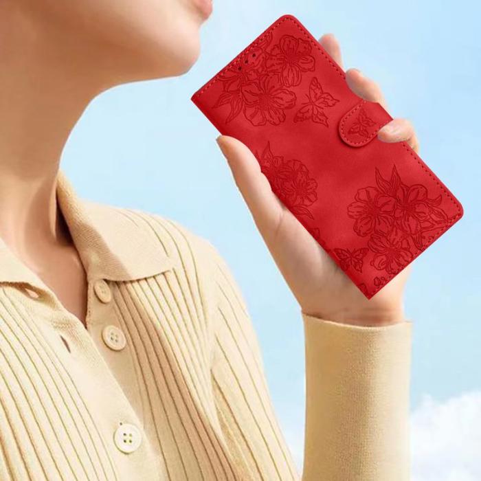 OEM - Mobilskal till Samsung Galaxy S26 Ultra KonstLäder Fjärilsblommor - Röd