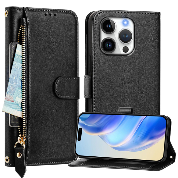 A-One Brand - iPhone 16 Pro Max Plånboksfodral Zipper Pocket Läder - Svart