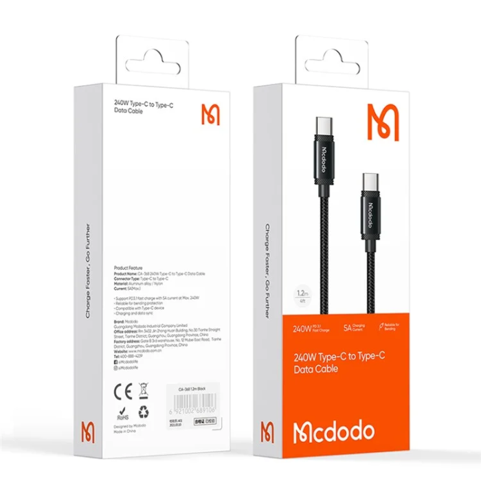 MCDODO - MCDODO USB-C - USB-C 240W Kabel 1.2m CA-3680 - Svart