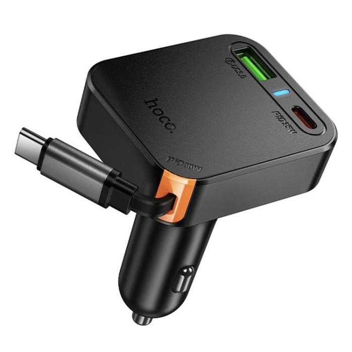 Hoco - Hoco Billaddare 65W USB-A USB-C med Utdragbar Kabel NZ18 - Svart