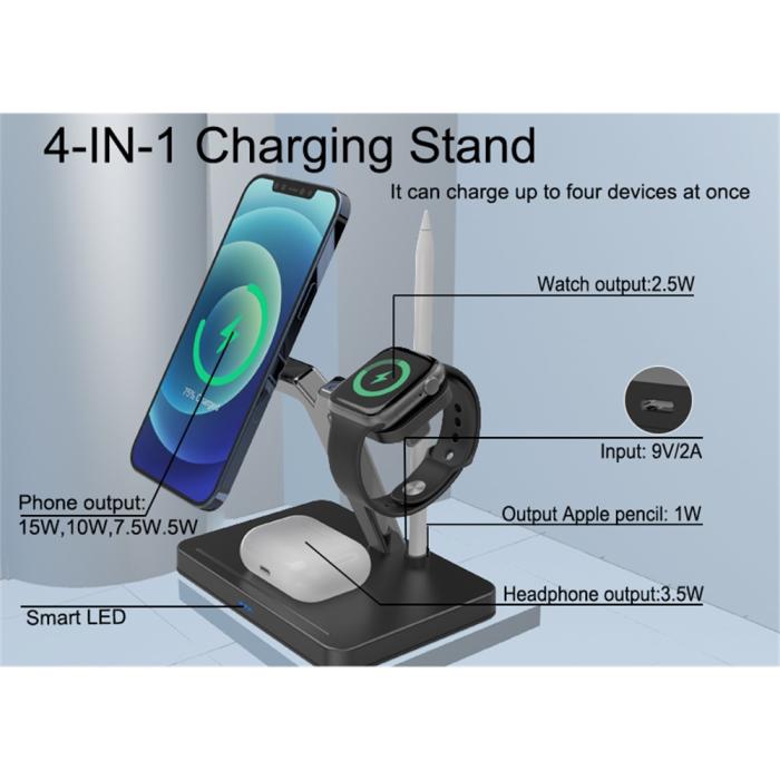 A-One Brand - 4-in-1 Trådlös Laddare Magsafe iPhone, Apple Watch, AirPods, Apple Pencil