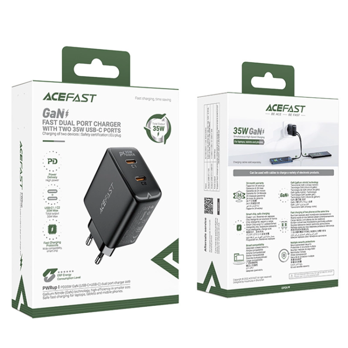 Acefast - Acefast GaN Snabbladdare 2x USB C 35W PD - Svart