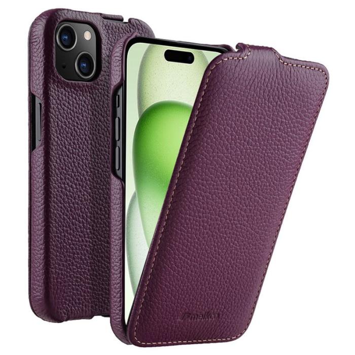 Melkco - MELKCO Mobilskal till iPhone 15 Plus Vertikalt Flip Äkta Läder + PC Lila