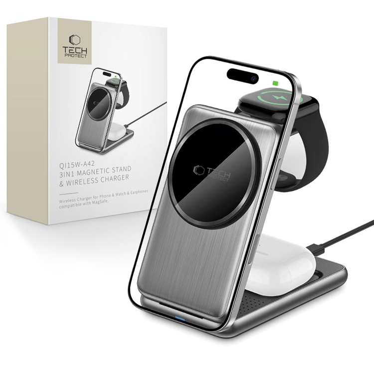 [3in1] Tech-Portect Trådlös Laddare Magsafe iPhone Apple Watch AirPods - Grå | 505295 | AlltMobil