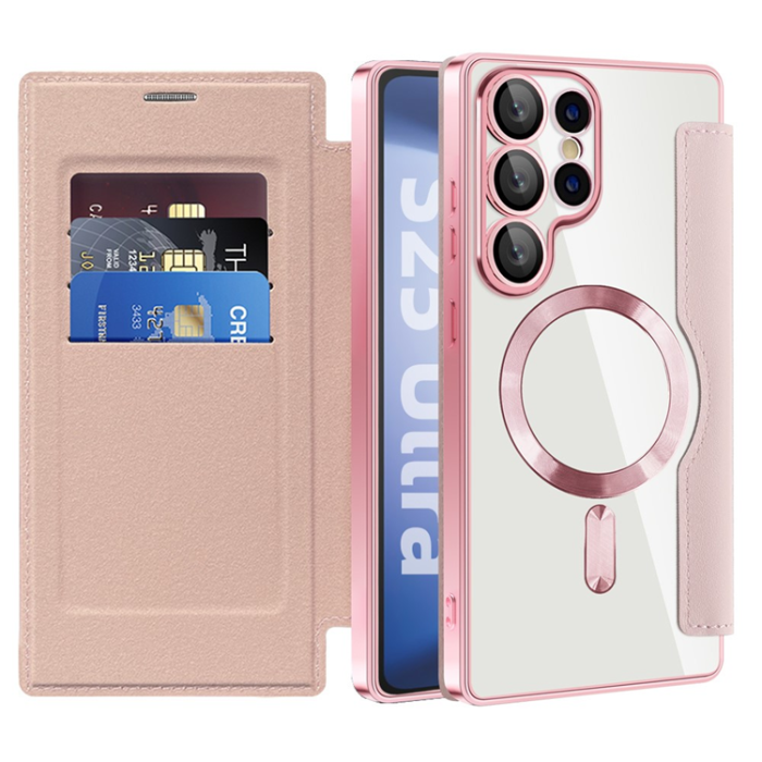 A-One Brand - Galaxy S25 Ultra Plånboksfodral MagSafe Rhombus Läder - Rosa