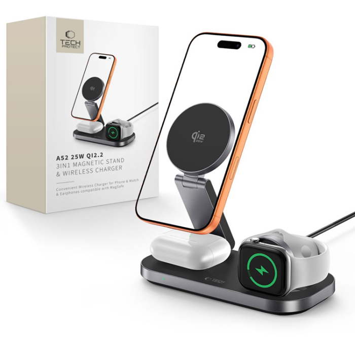 Tech-Protect - Tech-Protect 3-in-1 Trådlös Laddare Magsafe iPhone, Apple Watch, AirPods - Svart
