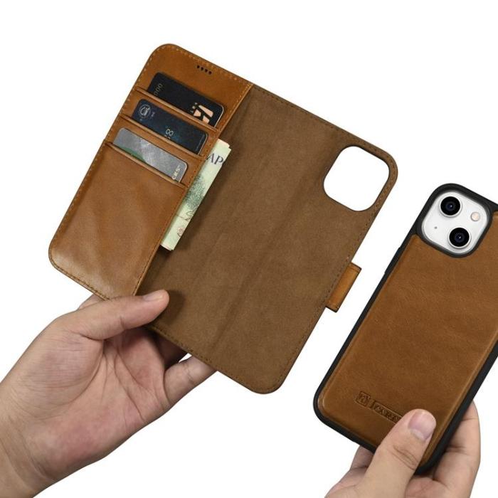 ICARER - iCarer iPhone 14 Plånboksfodral 2in1 Äkta Läder Anti-RFID - Brun