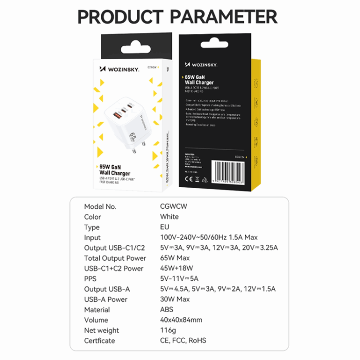 Wozinsky - Wozinsky Väggladdare CGWCW 65W USB-A/2 x USB-C GaN - Vit