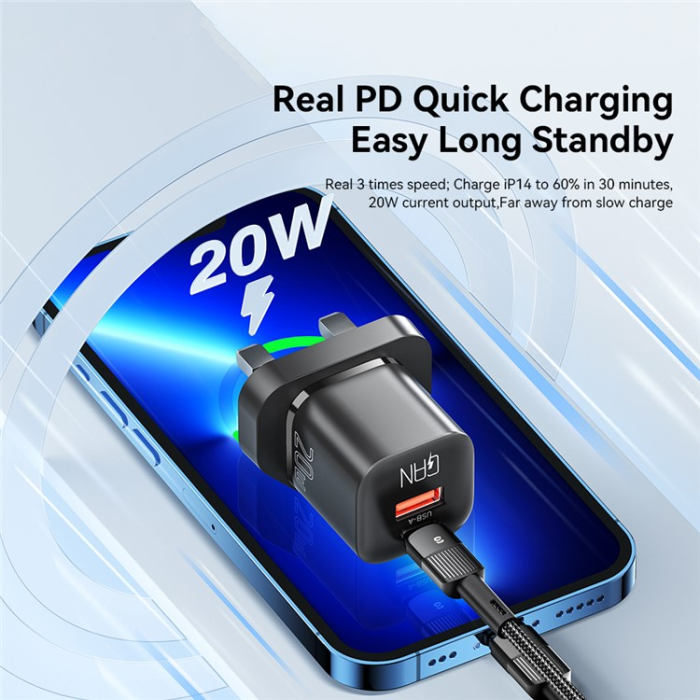 ESSAGER - ESSAGER GaN Snabbladdare 20W USB-A - USB-C UK Curved - Svart