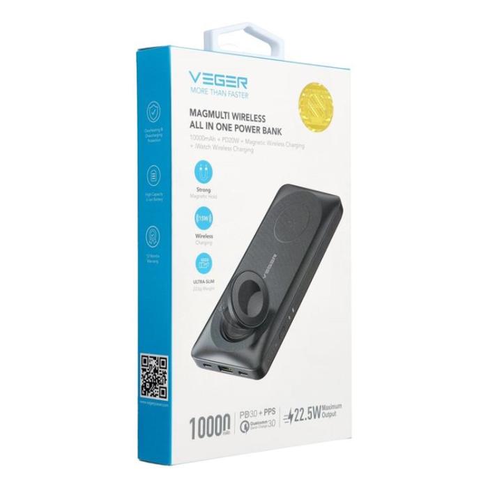Veger - VEGER Powerbank 10000 mAh Magsafe 22.5W med trådlös laddning - Svart