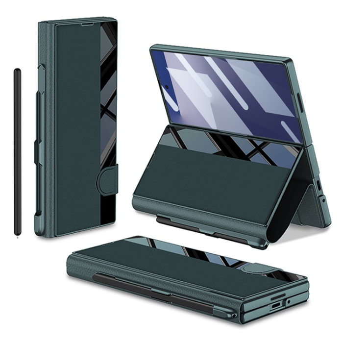 GKK - GKK Galaxy Z Fold 7 Plånboksfodral Pennfack Med Härdat Glas - Grön