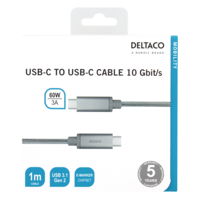 UTGATT1 - Deltaco USB-C till USB-C Kabel 1m 60W - Grå