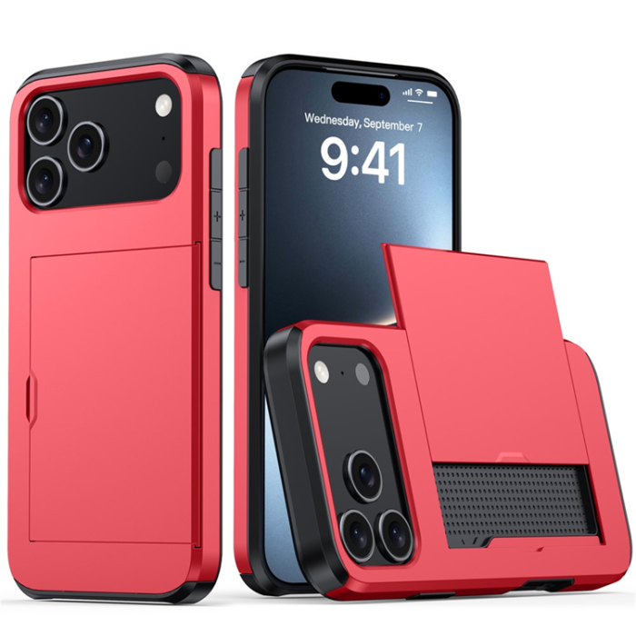 Amorus - AMORUS iPhone 17 Pro Max Mobilskal Glidande Korthållare - Röd
