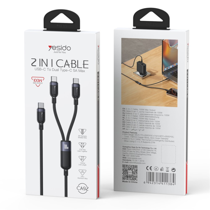 Yesido - YESIDO 2in1 USB-C - 2x USB-C 100W Kabel 1.2m PD CA92 - Svart