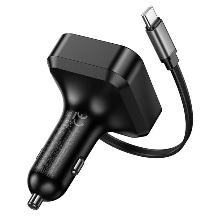 Hoco - Hoco Billaddare 65W USB-A USB-C med Utdragbar Kabel NZ18 - Svart