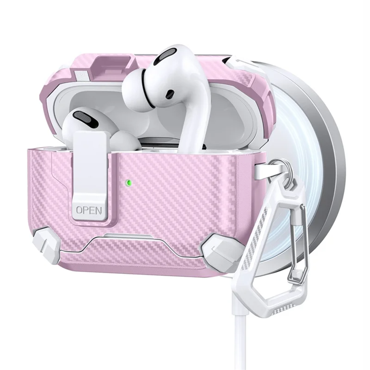 Mobilskal till AirPods Pro 2 Magsafe Carbon Fiber med Karbinhake (Rosa/Vit) | 2353 | AlltMobil