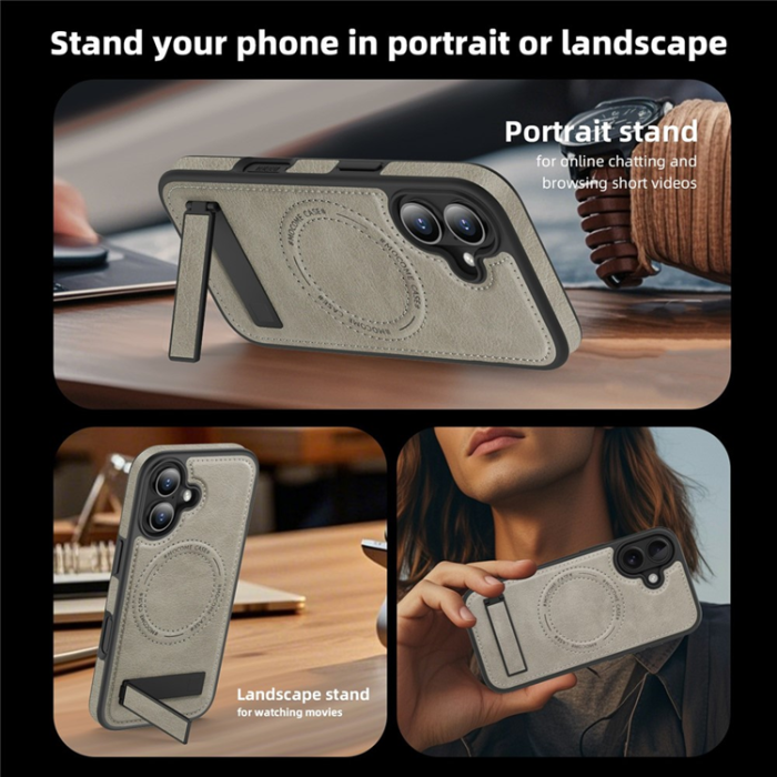 A-One Brand - iPhone 17 Mobilskal MagSafe Kickstand Läder - Titanium Grå