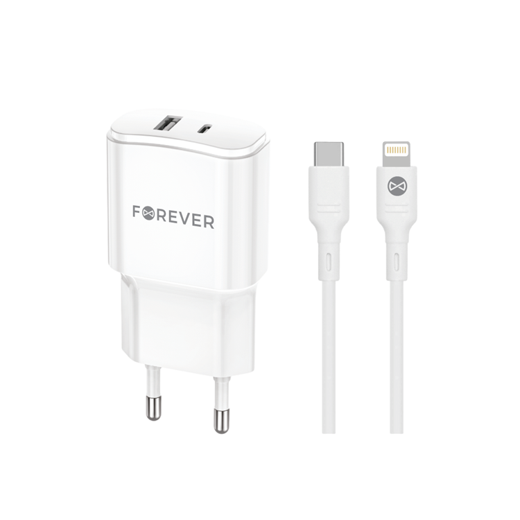 Forever Väggladdare USB/USB-C 20W med Lightning Kabel QC PD | 505295 | AlltMobil
