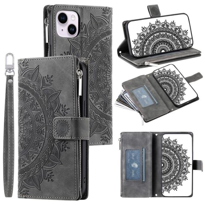 OEM - iPhone 15 Plus Plånboksfodral Mandala Flower Imprinted - Grå