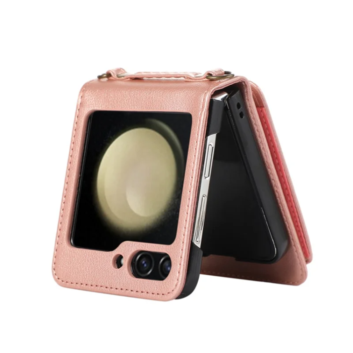 A-One Brand - Galaxy Z Flip7 Plånboksfodral Ring Kickstand med Lång rem - Rosa Guld