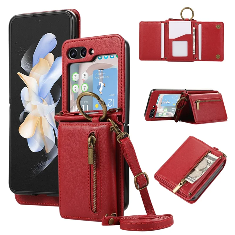 Galaxy Z Flip 7 Plånboksfodral Zipper Kickstand med Axelrem - Röd | 2353 | AlltMobil