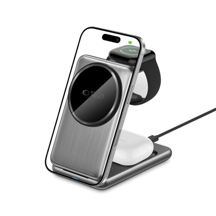 Tech-Protect - [3in1] Tech-Portect Trådlös Laddare Magsafe iPhone, Apple Watch, AirPods - Grå