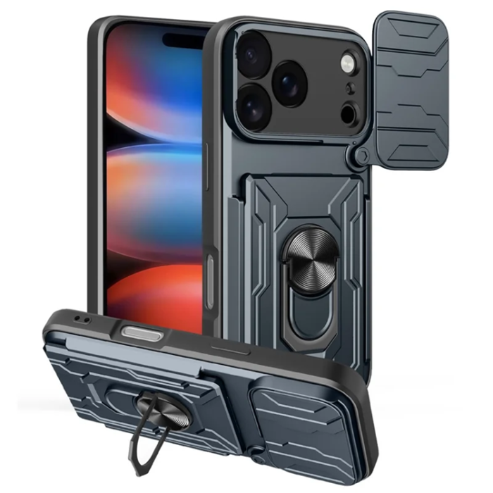 A-One Brand - iPhone 17 Pro Max Mobilskal Kamera Slider PC + TPU Kickstand - Titangrå