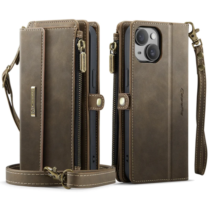 Caseme - Caseme iPhone 14 Plus Plånboksfodral RFID Blocking Zipper - Brun