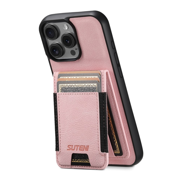 SUTENI - SUTENI iPhone 16 Pro Mobilskal Korthållare Litchi Läder - Rosa