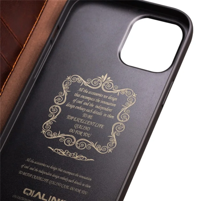 QIALINO - Qialino iPhone 13 Plånboksfodral Äkta Läder Cowhide - Brun