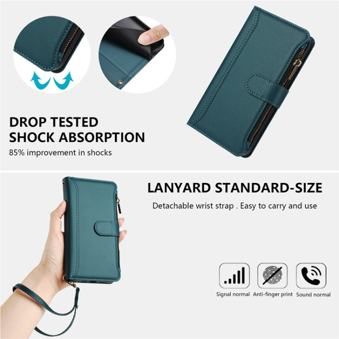 A-One Brand - iPhone 17 Pro Plånboksfodral Zipper Med Rem - Mörkgrön