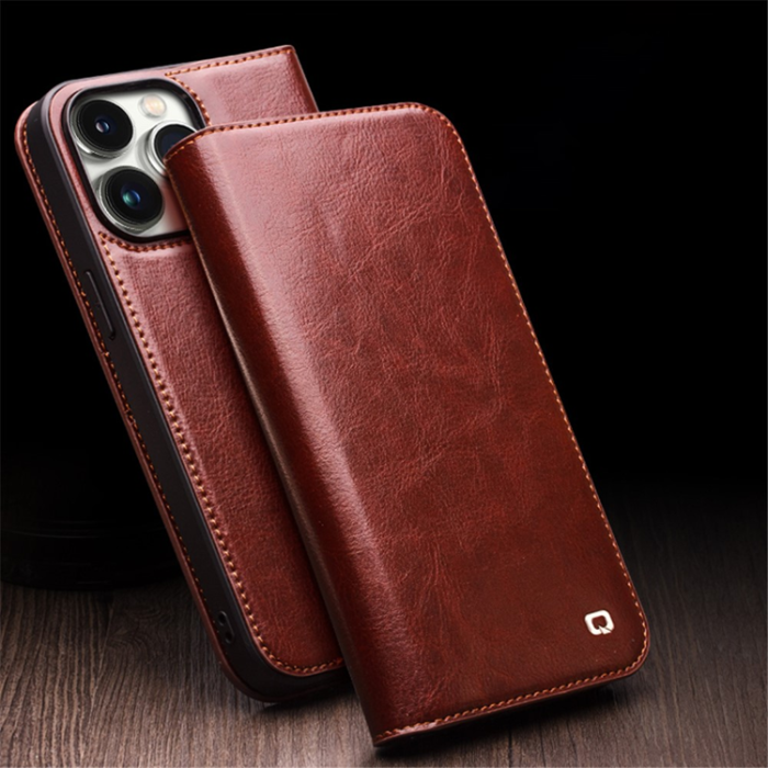 QIALINO - Qialino iPhone 15 Pro Plånboksfodral Äkta Läder Shockproof