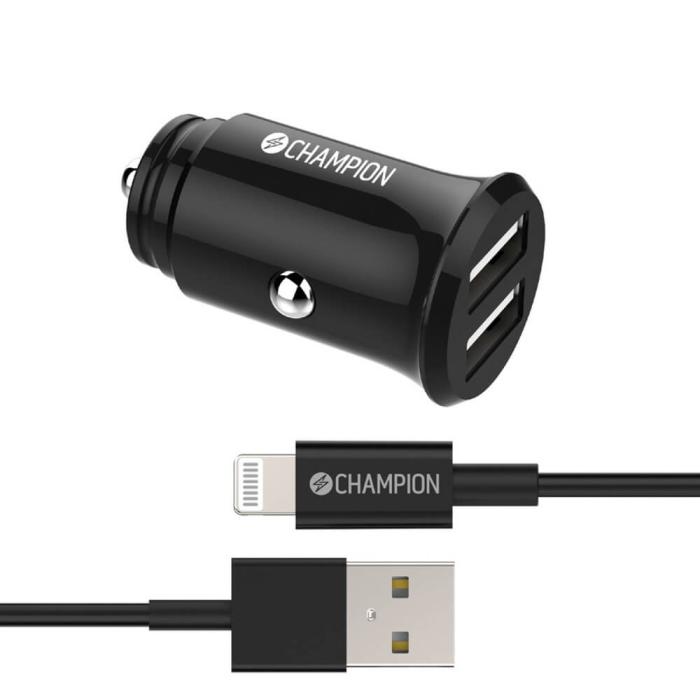 Champion - Champion billaddare Kit med USB-A till Lightning kabel Svart
