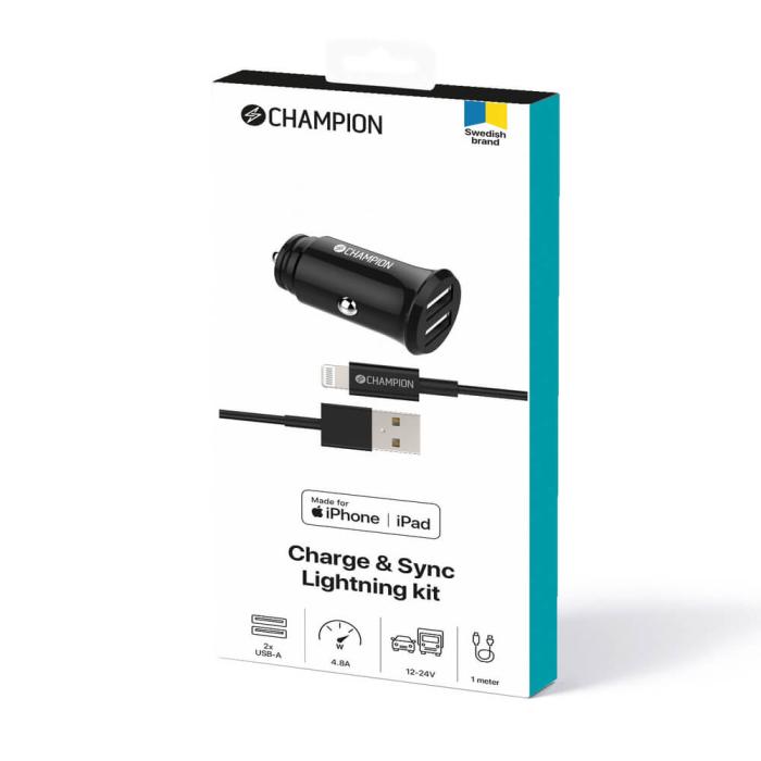 Champion - Champion billaddare Kit med USB-A till Lightning kabel Svart