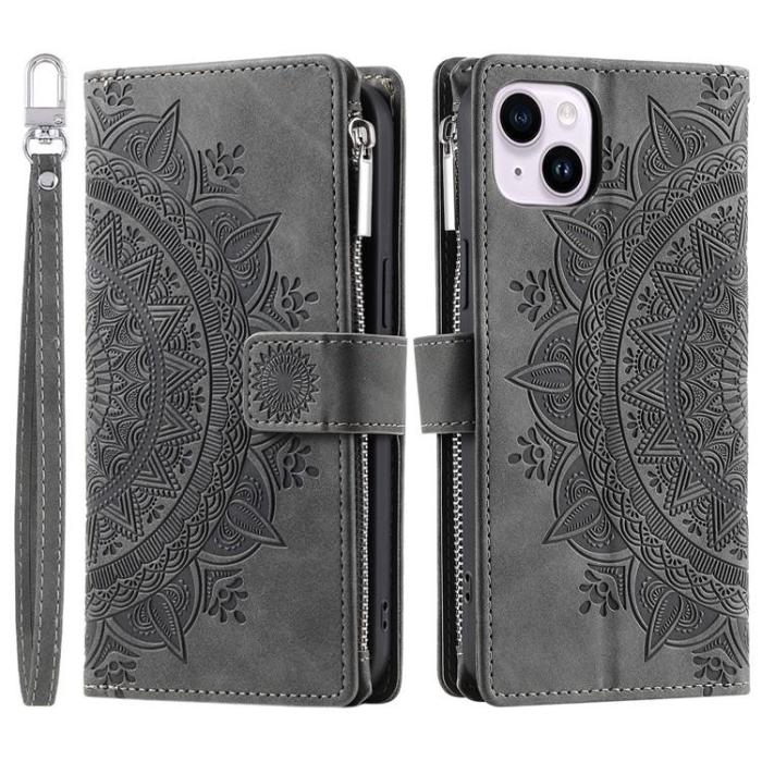 OEM - iPhone 15 Plus Plånboksfodral Mandala Flower Imprinted - Grå
